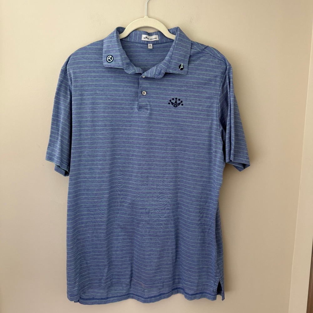 Peter Millar Scotty Cameron Blue Green Striped Cotton Polo Shirt XL Mens